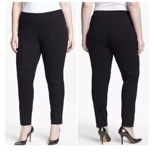 Eileen Fisher Women's L Pull On Pants Black Stretch Ponte Knit Slim Zip Ankle